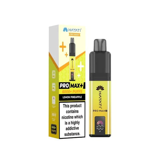 Yellow and black vape device with packaging on a white background