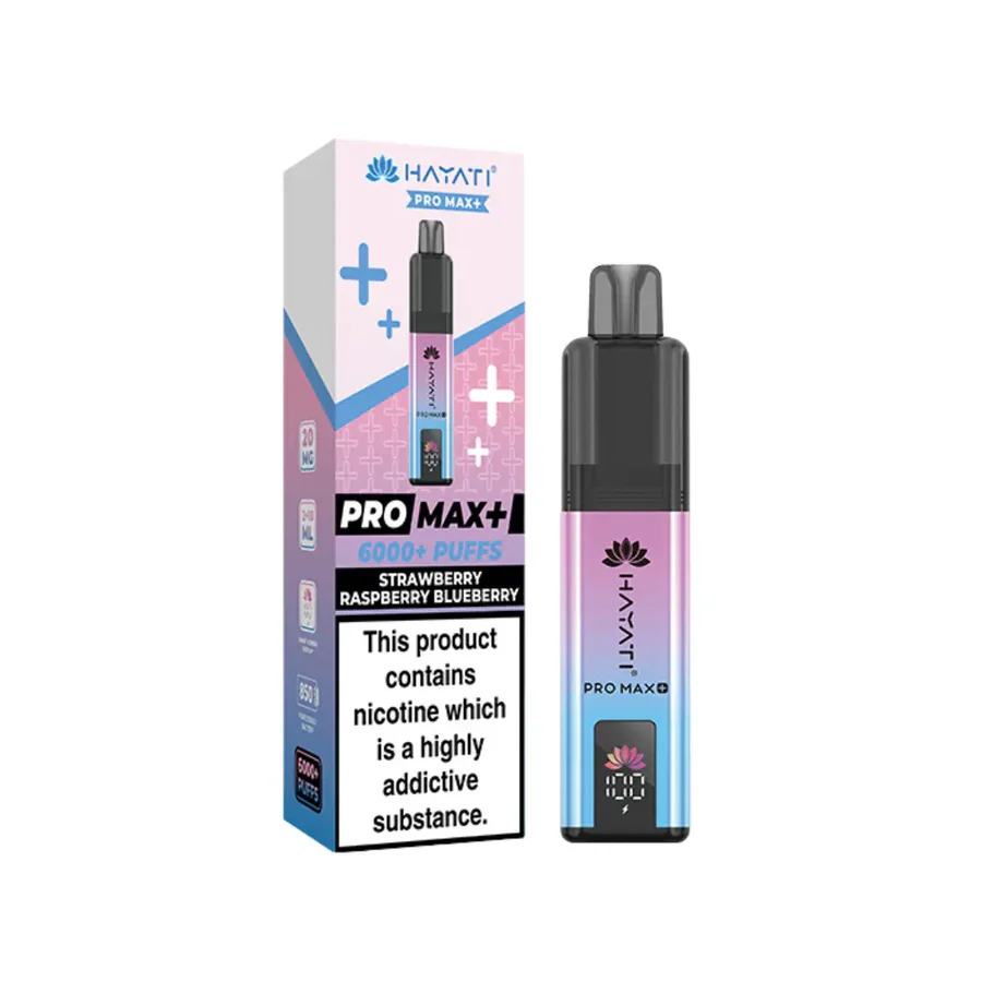 Hayati Pro Max Plus 6000 Puff Prefilled Pod Kit with Strawberry Raspberry Blueberry flavor packaging.