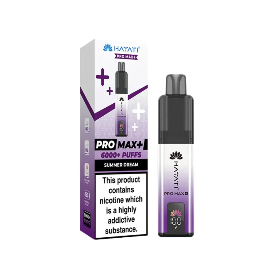 Hayati Pro Max Plus 6000 Puff Prefilled Pod Kit packaging and device with Summer Dream flavor.