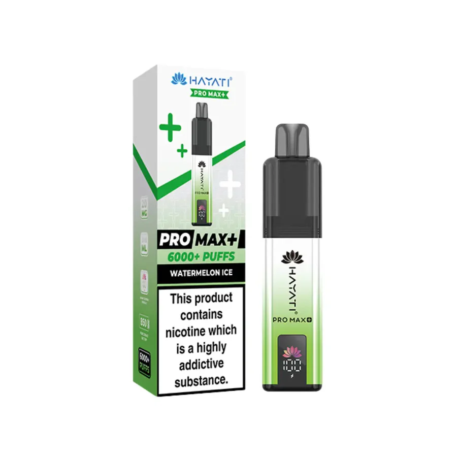 Hayati Pro Max Plus 6000 Puff Prefilled Pod Kit with Watermelon Ice flavor, box and device display