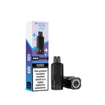 Vape device and packaging with nicotine warning label on a white background
