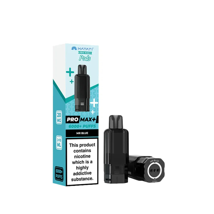 Vape device and packaging with nicotine warning label on a white background