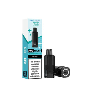 Vape device and packaging with nicotine warning label on a white background