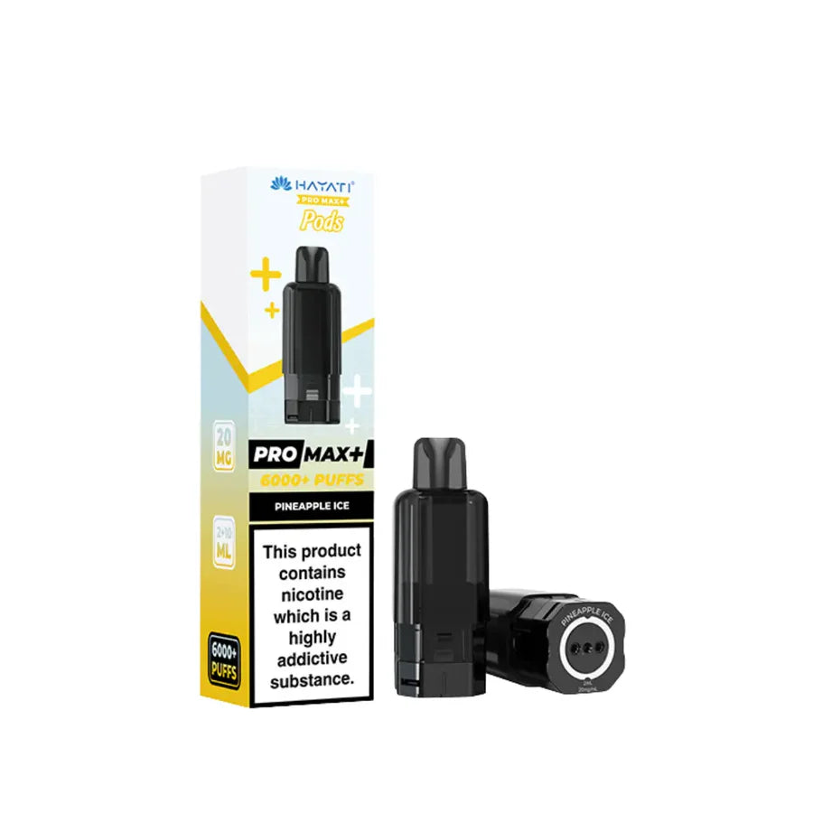 Vaping device and packaging with nicotine warning label on a white background