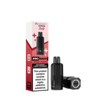 Vaping device and packaging with nicotine warning label on a white background