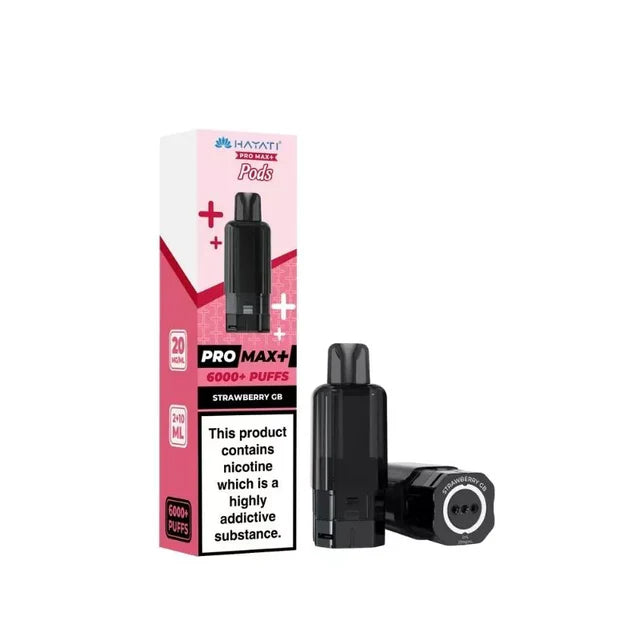 hayati pro macx plus Vaping device and packaging with strawberry flavor on a white background