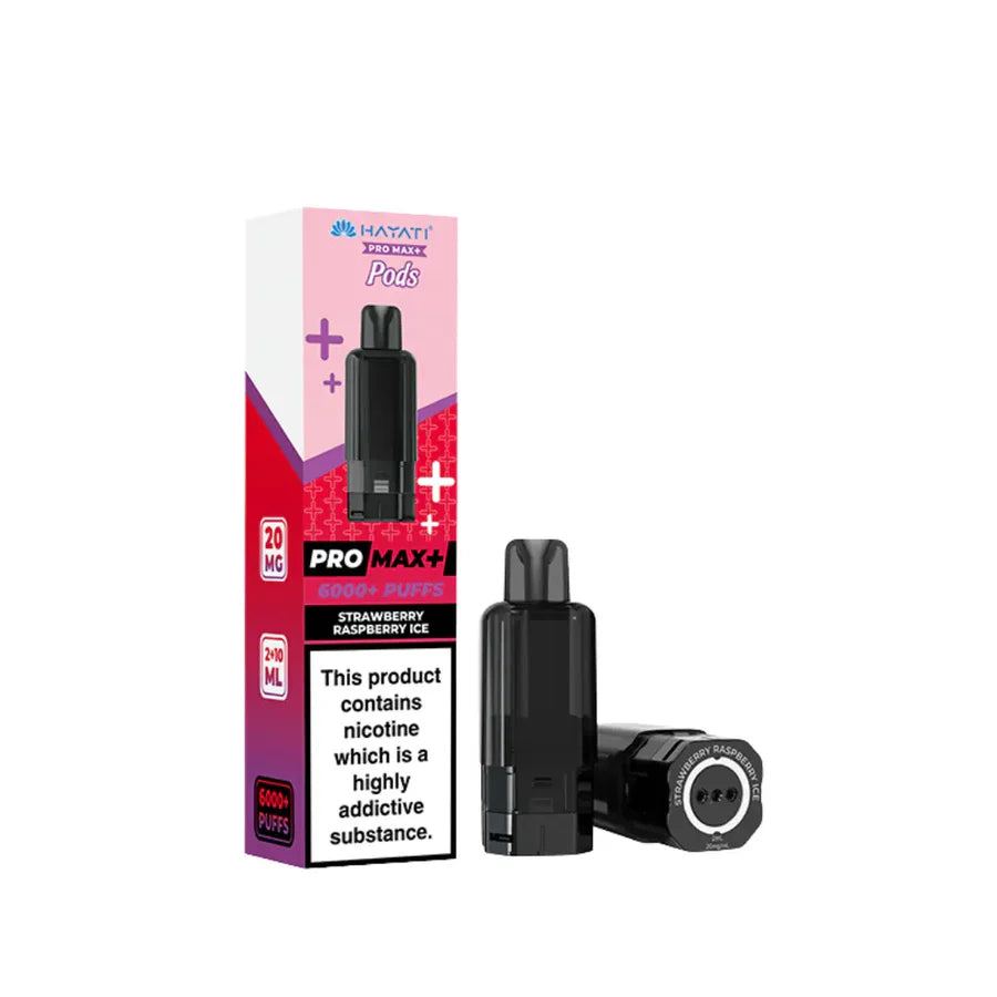 Vape device and packaging with nicotine warning label on a white background