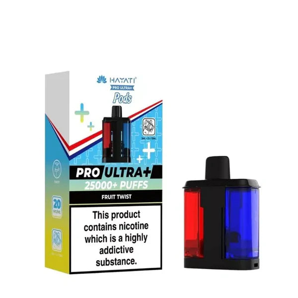 Vape pod packaging with blue and red design on a white background