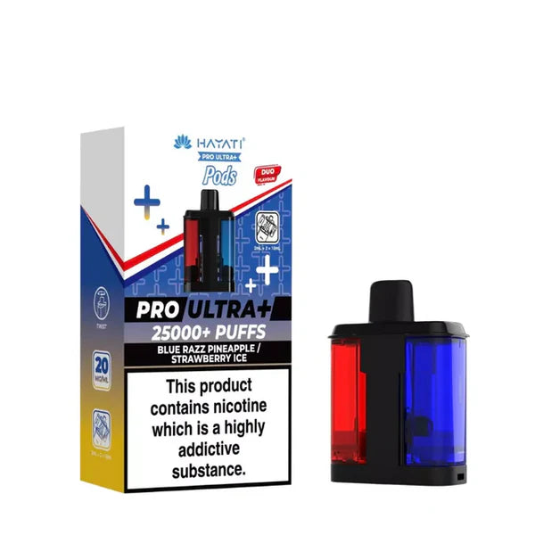 Hayati Pro Ultra+ vape device and packaging on a white background