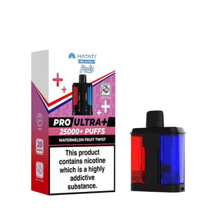 Hayati Pro Ultra+ vape pod packaging with nicotine warning label on a white background