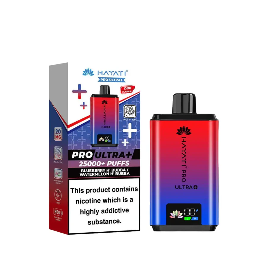 Hayati Pro Ultra Plus 25K Vape Kit packaging with device showcasing blueberry and watermelon flavors.