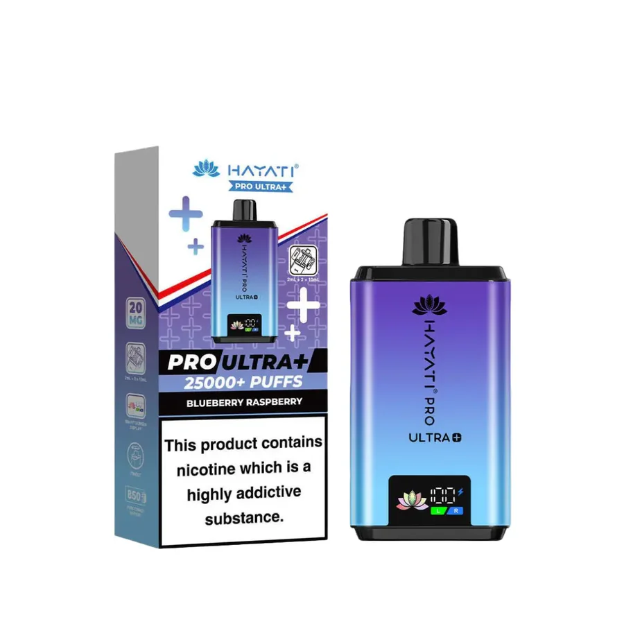 Hayati Pro Ultra Plus 25K Vape Kit packaging and device featuring blueberry raspberry flavor.