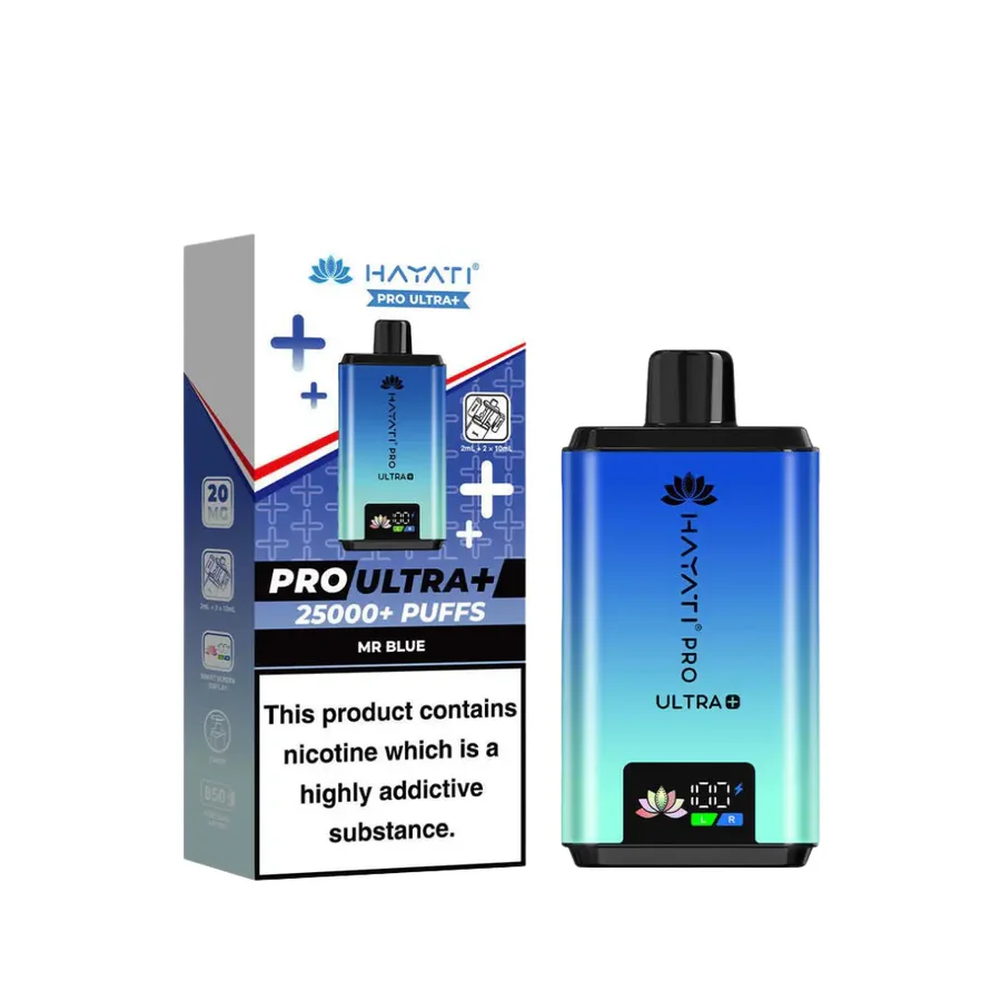 Hayati Pro Ultra Plus 25K Vape Kit packaging featuring Mr Blue flavor and noting 25000+ puffs.
