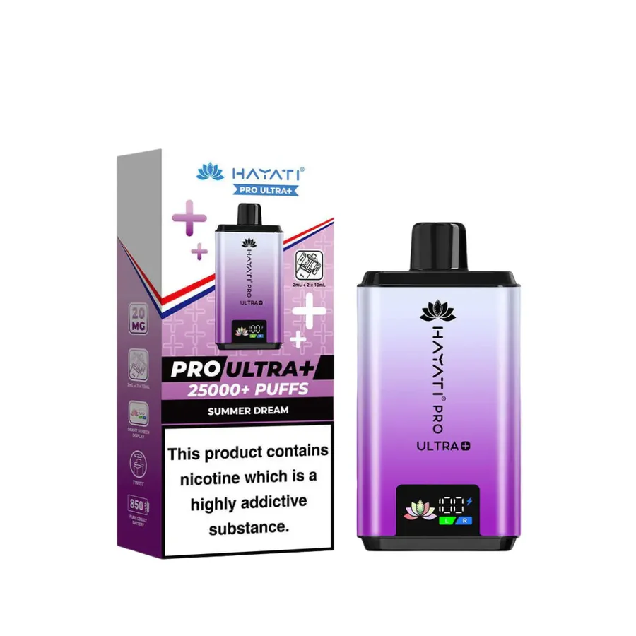 Hayati Pro Ultra Plus 25K Vape Kit with Summer Dream flavor and 25000+ puffs, featuring vibrant packaging.