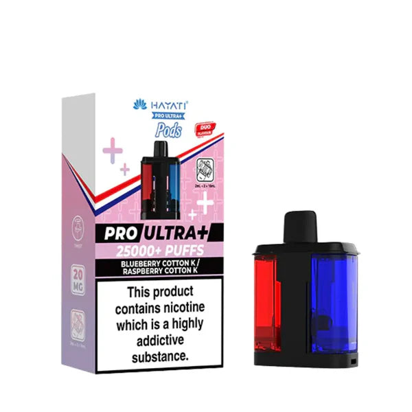 Hayat Pro Ultra+ vape pod packaging with nicotine warning label on a white background