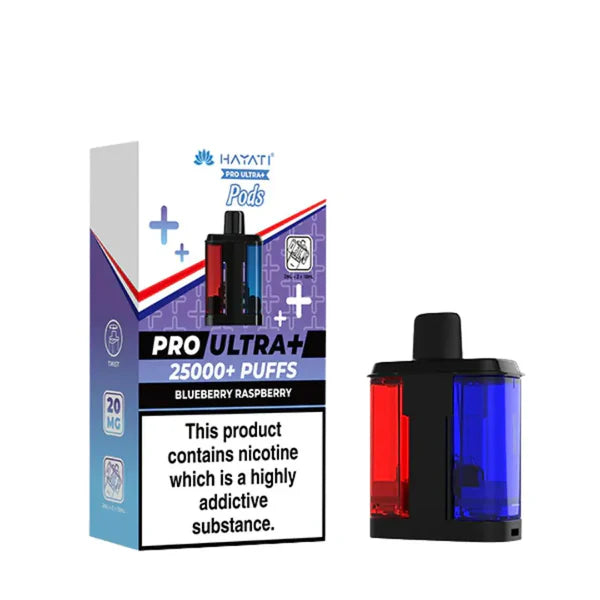 HAYATI Pro Ultra+ vape pod packaging with nicotine warning label on a white background