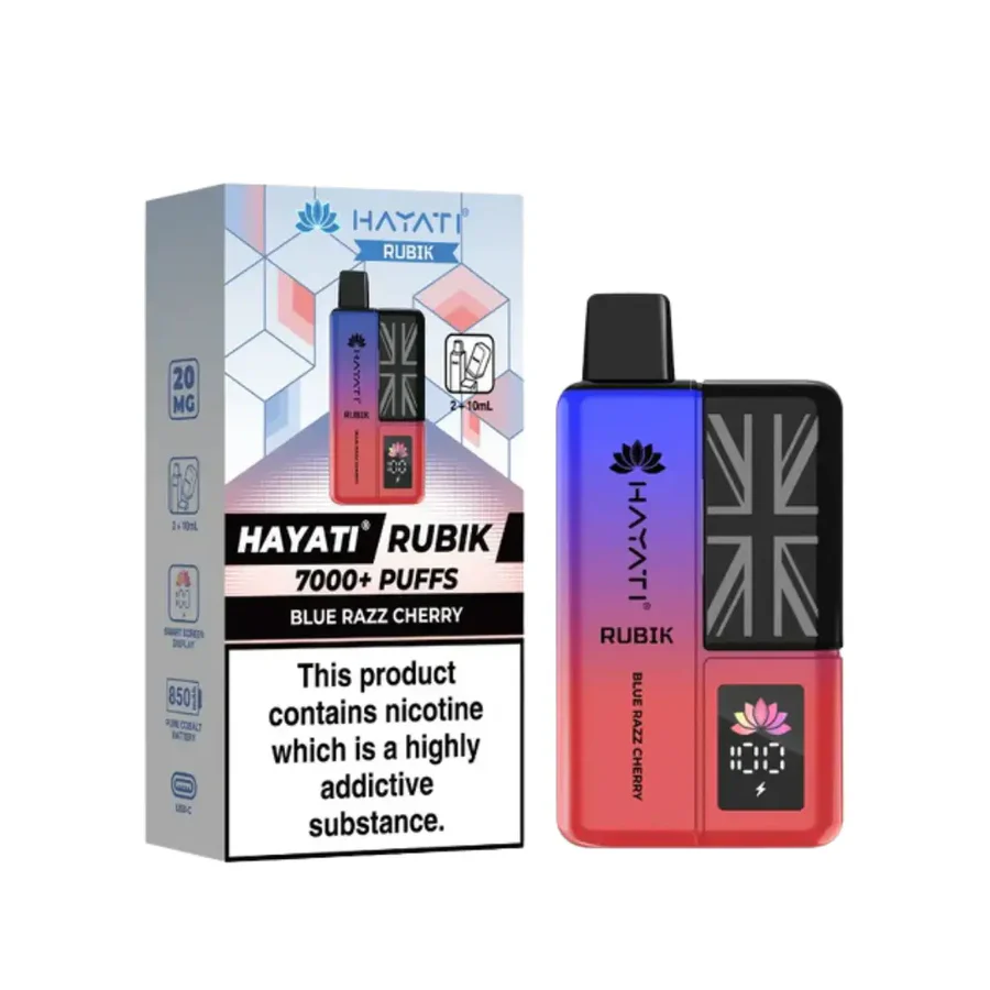 Hayati Rubik 7000 Prefilled Pod Kit in Blue Razz Cherry flavor, featuring nicotine and 7000+ puffs.