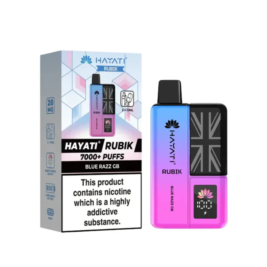 Hayati Rubik 7000 Prefilled Pod Kit in Blue Razz GB flavor with packaging, featuring 7000+ puffs and 20 mg nicotine.