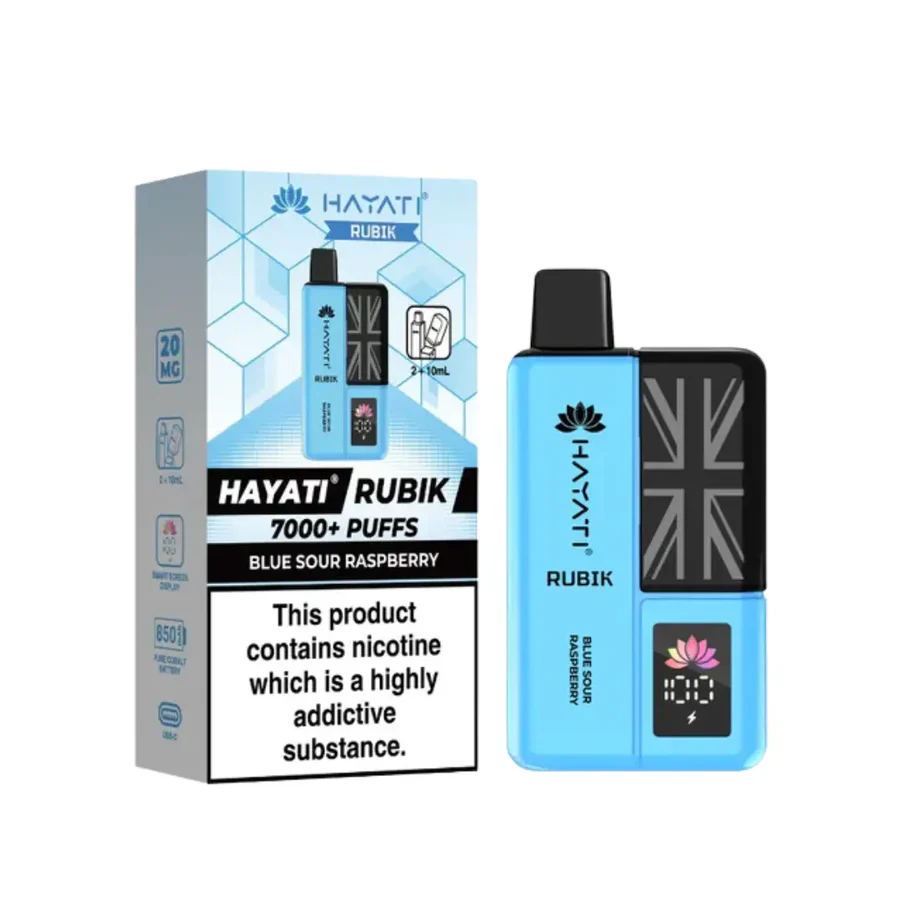 Hayati Rubik 7000 Prefilled Pod Kit in Blue Sour Raspberry flavor with packaging, designed for 7000 puffs.