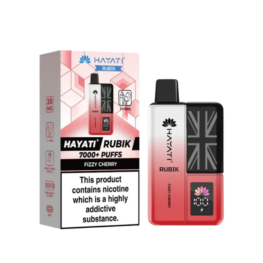 Hayati Rubik 7000 Prefilled Pod Kit in Fizzy Cherry flavor with 7000+ puffs and nicotine warning.