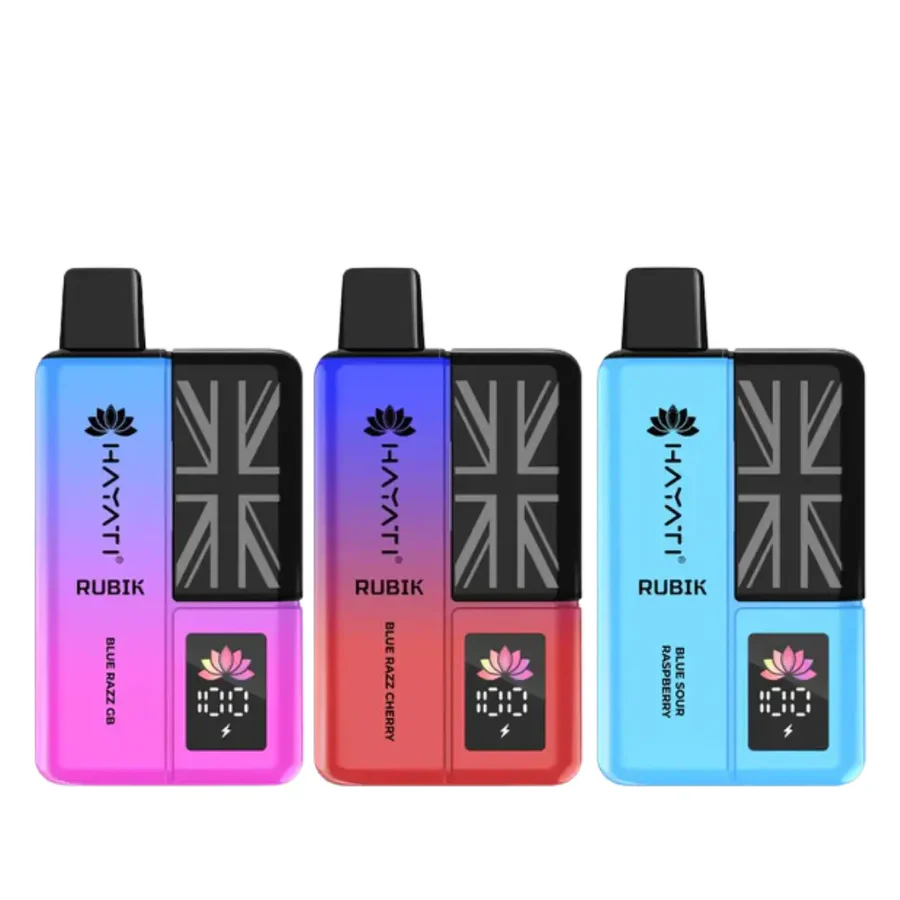 Hayati Rubik 7000 Prefilled Pod Kit in pink, blue, and red colors with British flag design.
