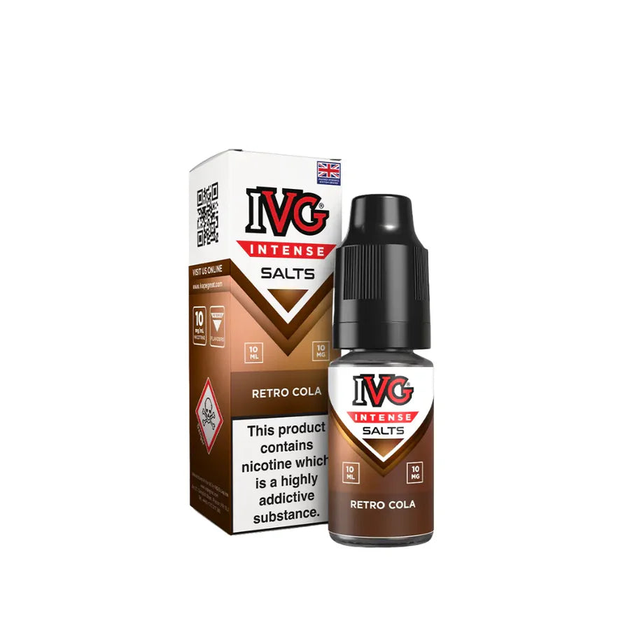 IVG Intense Salts Retro Cola e-liquid bottle and packaging on a white background