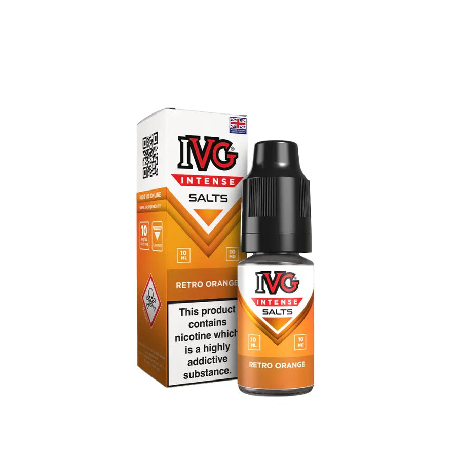 IVG Intense Salts Retro Orange e-liquid bottle and packaging on a white background