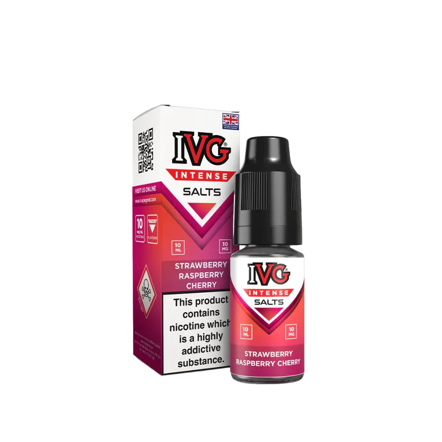 IVG Intense Salts Strawberry Raspberry Cherry e-liquid bottle and packaging on a white background
