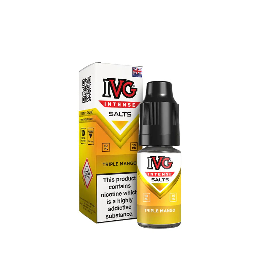 IVG Intense Salts Triple Mango e-liquid bottle and packaging on a white background