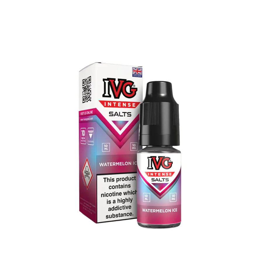 IVG Intense Salts Watermelon Ice e-liquid bottle and packaging on a white background