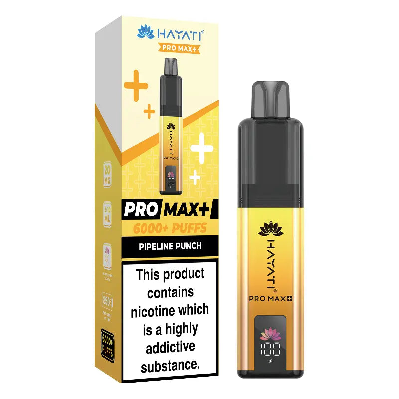 Hayati Pro Max+ vaping device and packaging on a white background