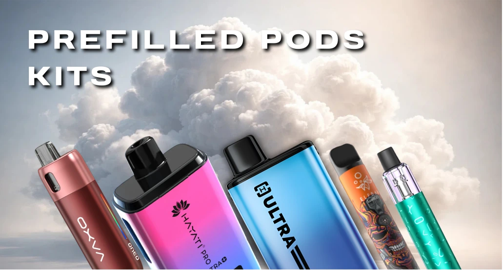 Vape pods with brand names against a cloud background, promoting prefilled pods kits.