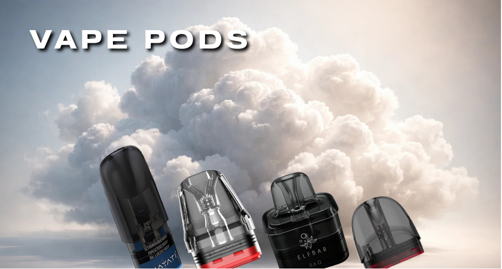 Vape pods with a cloud of vape juice in the background