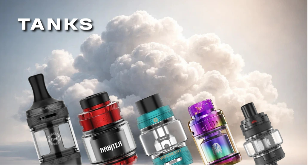 Five vaping tanks with 'Tanks' text and a cloud of vape smoke in the background