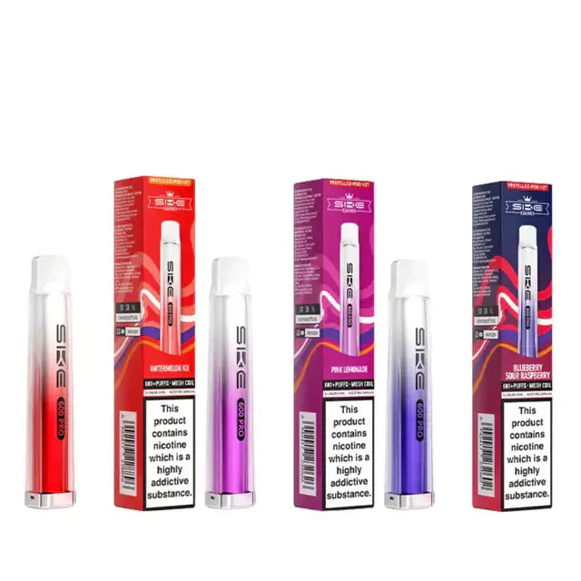 SKE Crystal 600 Pro Prefilled Pod Kit in various flavors including Watermelon Ice, Pink Lemonade, and Blueberry Sour Raspberry.