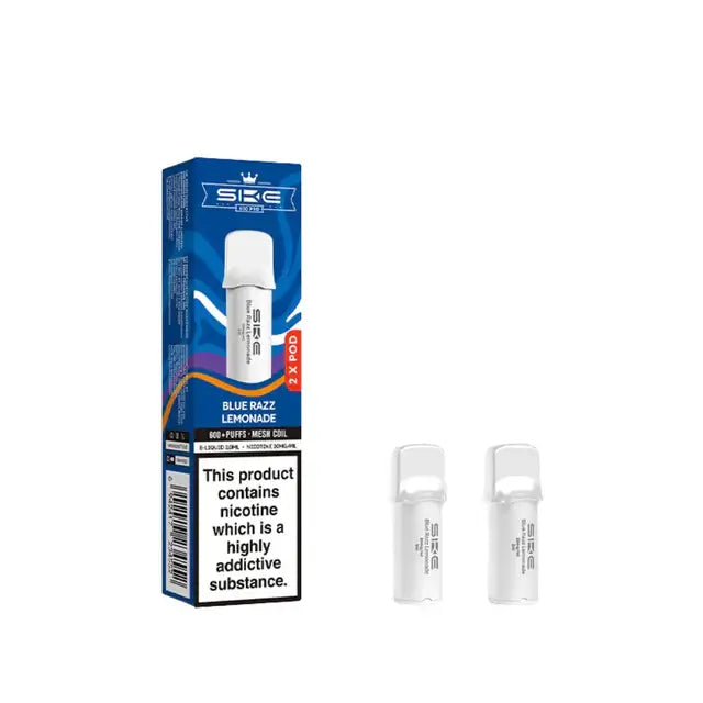 SKE Crystal Pro Blue Razz Lemonade Prefilled Pods packaging and two pods displayed on a white background.