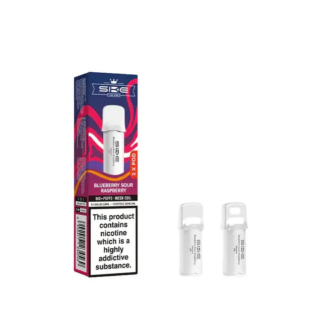 SKE Crystal Pro Blueberry Sour Raspberry Prefilled Pods packaging with two pods visible next to it.