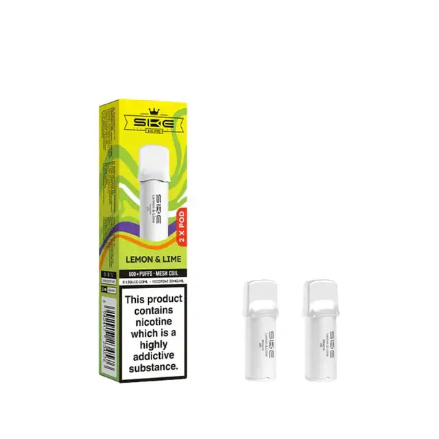 SKE Crystal Pro Lemon & Lime Prefilled Pods packaging with two pods and caution label for nicotine.