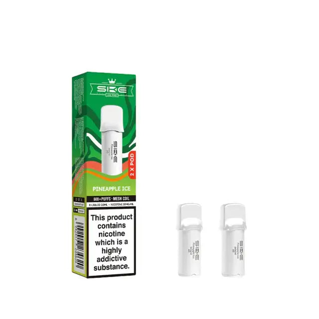 SKE Crystal Pro Pineapple Ice Prefilled Pods packaging and pods with tropical pineapple and menthol flavor.