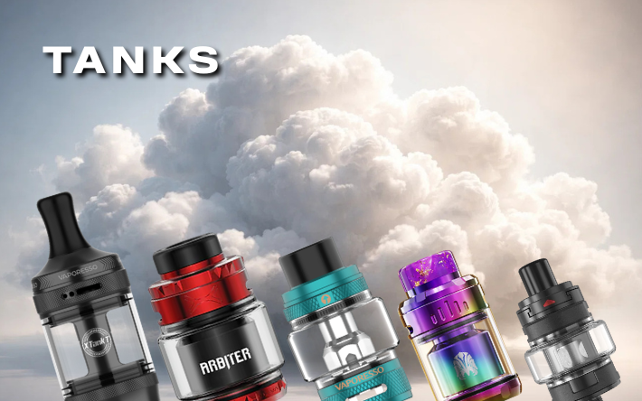 Five vaping tanks with 'Tanks' text and a cloud of vape smoke in the background