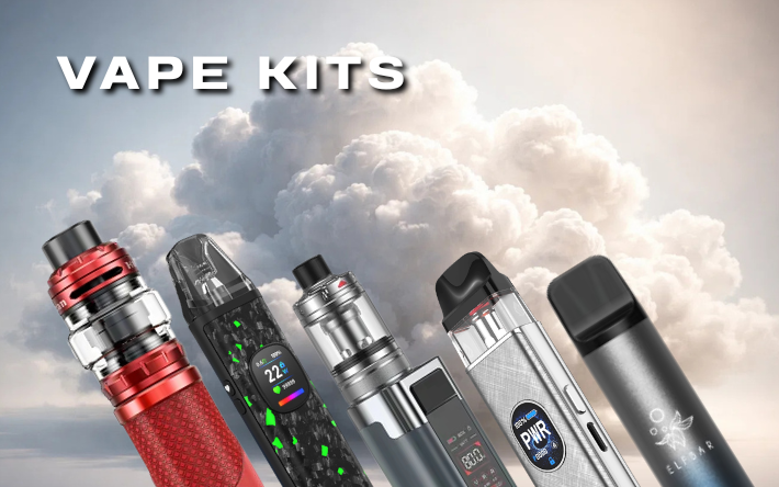 Five vape kits displayed against a cloud background with 'VAPE KITS' text.