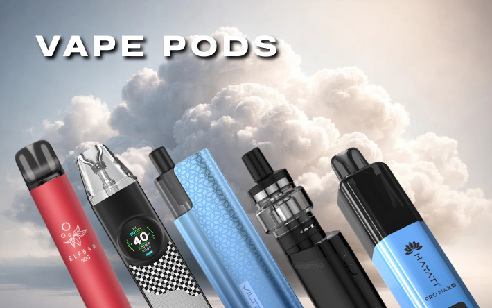 Vape pods with a cloud of vape juice in the background