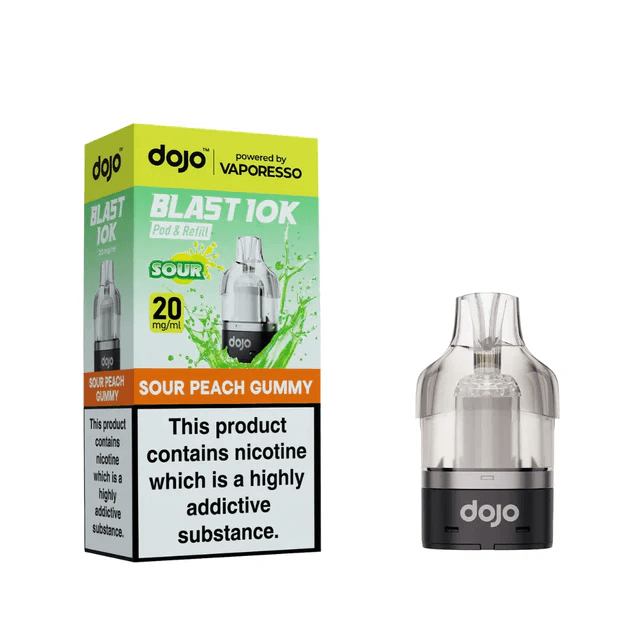 Vaporesso Dojo Blast 10K Sour Peach Gummy Prefilled Pods packaging and pod image.