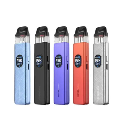 Vaporesso XROS 5 Pod Vape kit in various colors including black, blue, purple, red, and silver.